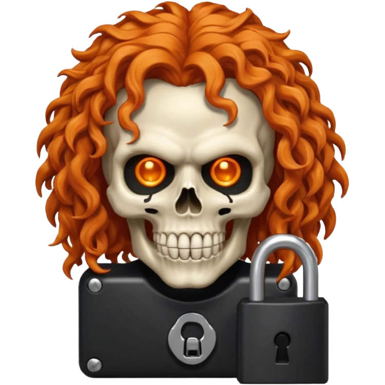 cinematic realistic Megadeth iconic skull mascot with a padlock on his mouth, orange curly huge hair emoji