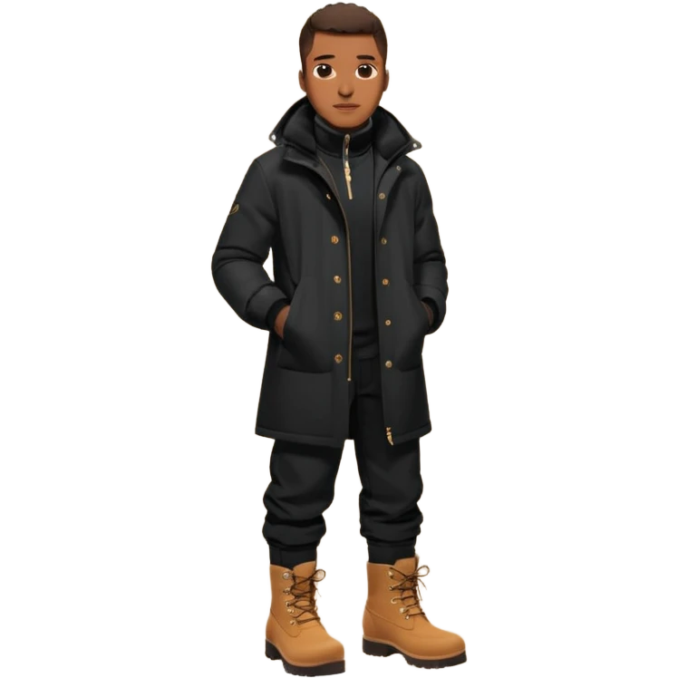 Handsome Black grown man with brown skin tone, wearing black joggers, a black weather coat, and buckwheat timberland boots, and black gloves emoji