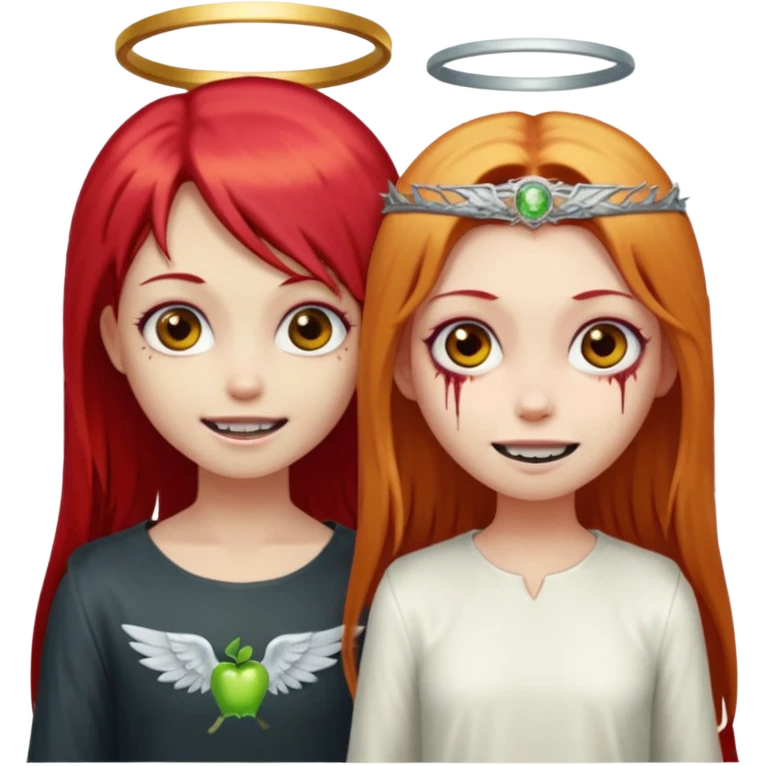 девушка ангел с нимбом и крыльями, с рыжими прямыми волосами по плечи, с улыбкой, стоит рядом с девушка зомби с темными длинными прямыми золосами, со злым выражением лица и ровными белыми зубами в стиле Apple avatar emoji