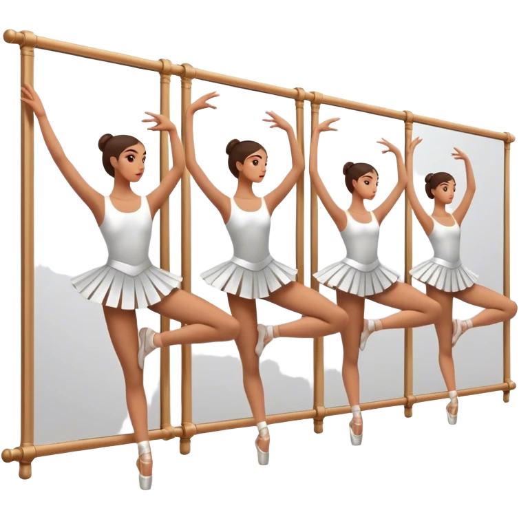Icon for Choreography: a group of dancers in identical poses, standing by a wall with all wall long mirror, holding a long barre with one hand. The icon should capture the discipline and synchronized movement of dance training. Transparent background. emoji