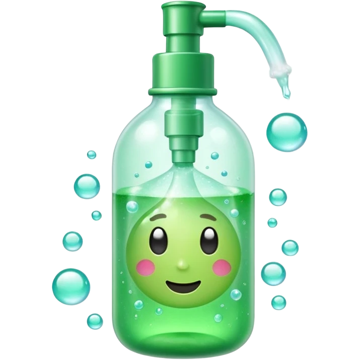 White and green pump bottle glowing with soft bubbles and sparkles. Surrounded by a dewy mist and green aura, symbolizing hydration and gentle cleansing. Potion-like, glossy, emoji-style emoji