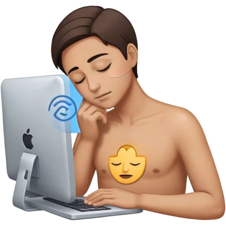 Person with closed eyes, deep breath, hand on chest, computer with email open in front of them emoji
