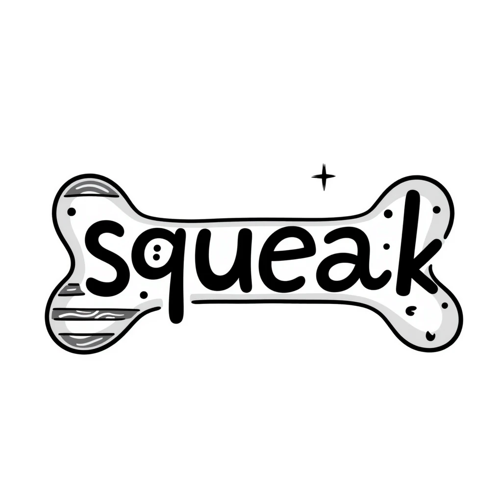 dog bone with the word 'squeak', colorful doodle style emoji