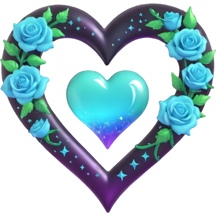 gothic heart in 3D emoji style, crafted from aurora glass, with a silver crescent moon, gradient roses, holographic stardust, neon teal lightning, splintered wet glass emoji