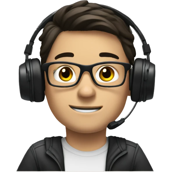 white boy with dark hair and glasses wearing gaming headset and sitting at desk on desktop computer   emoji