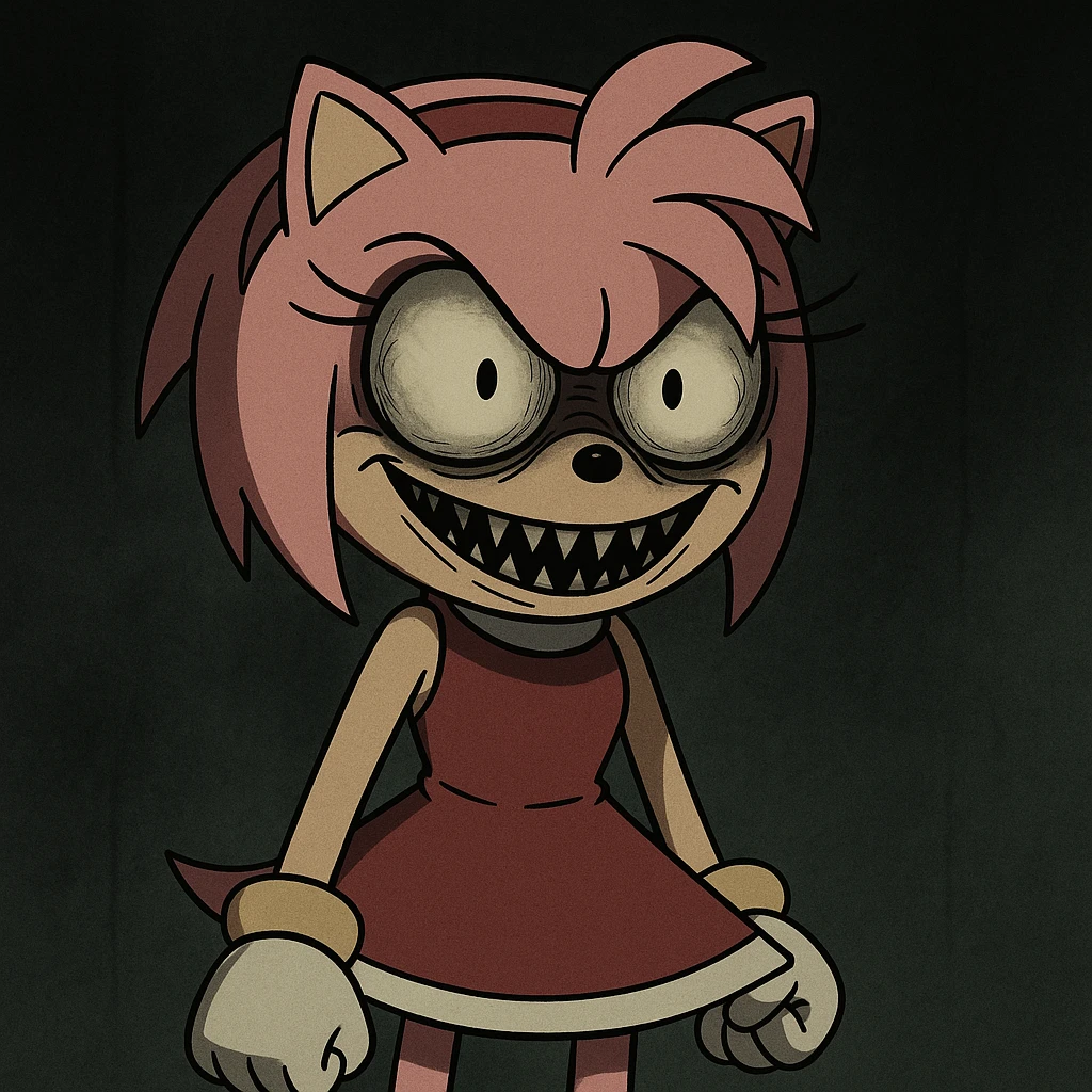 Amy Rose, Sonic character, frightening face, intense stare, horror cartoon, dark and eerie atmosphere emoji