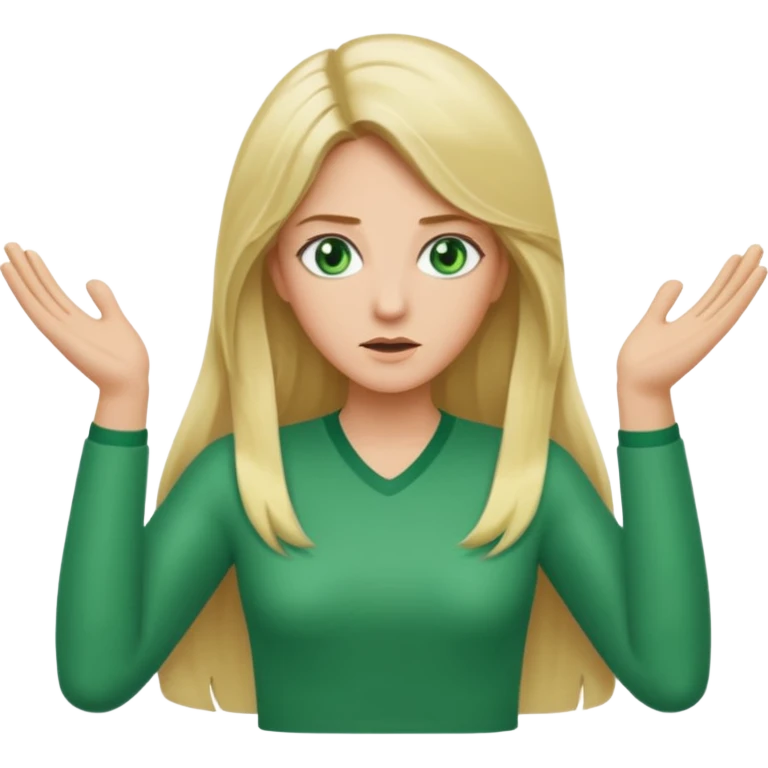 lady with long blonde hair, green eyes throwing arms in the as if confused emoji