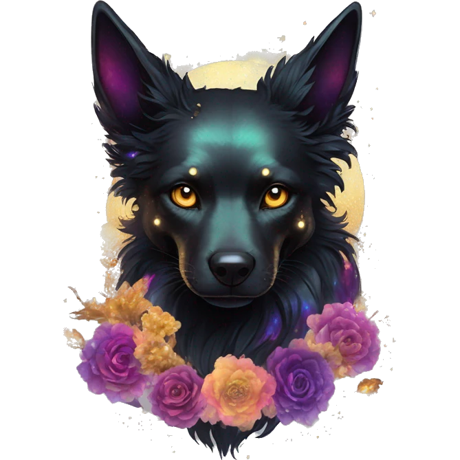 Black iridescent fluffy dog fox head skull zombie skull skeleton gold mechanical steampunk raven wings nebula galaxy stars colorful flowers fairy lights vintage emoji