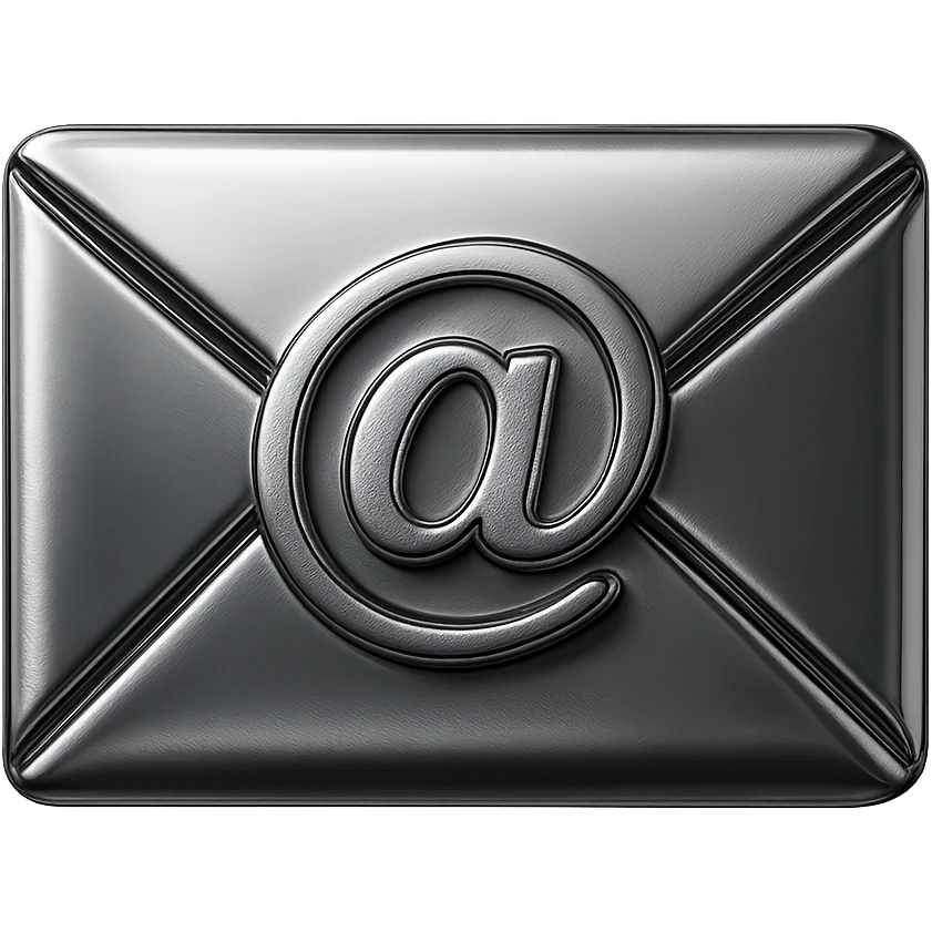 chrome envelope with a prominent email @ sign in the center, shiny metallic, chrome style emoji
