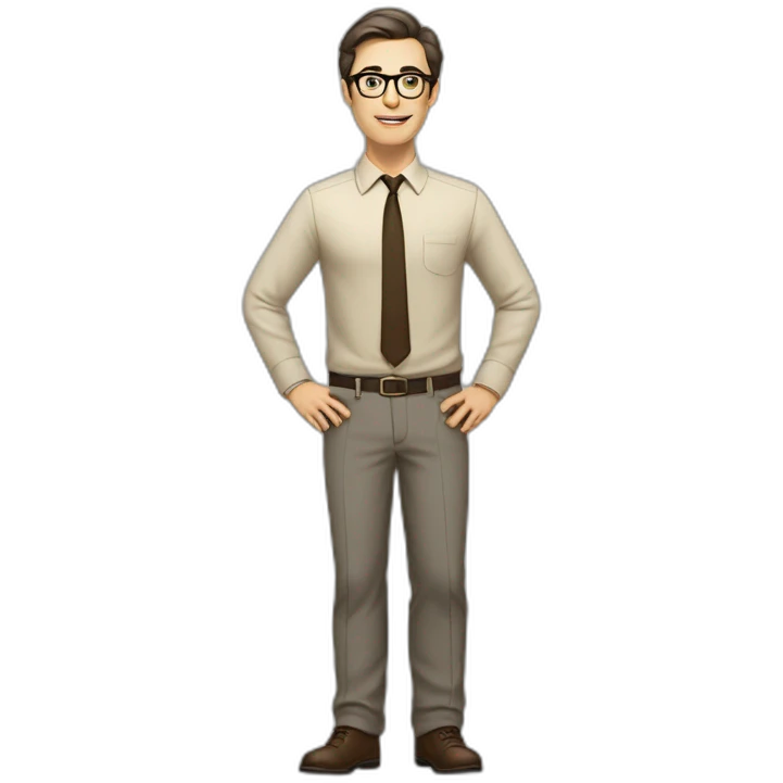 Full height Actively gesturing with hands Pale skinned fit man with dark brown hair in gray jacket, beige office shirt, brown tie, brown pants and vintage glasses. emoji