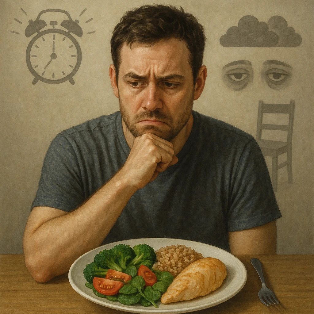30-year-old thoughtful man sitting at a table in front of a healthy plate with vegetables, brown rice, and chicken, with a suspicious and worried expression towards the food. Behind him, transparent and blurred symbols: an alarm clock (stress), dark clouds (repressed emotions), dark circles under eyes (insomnia), and an empty chair (sedentary lifestyle). Neutral atmosphere, realistic style with a symbolic touch. emoji