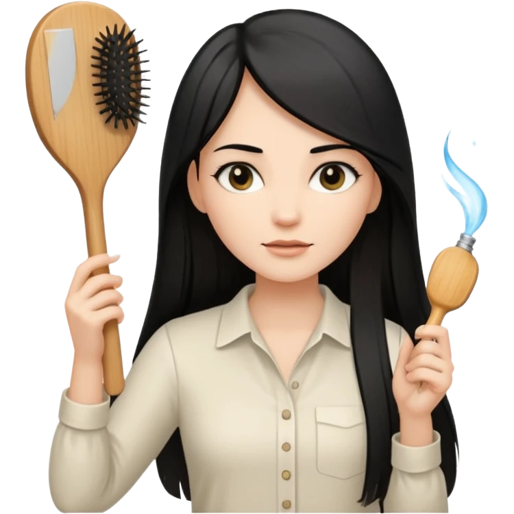 A white woman with long, straight black hair, wearing an ivory-colored shirt, holding a wooden paddle hairbrush in her left hand and spraying a hair mist bottle with her right hand toward her hair. emoji