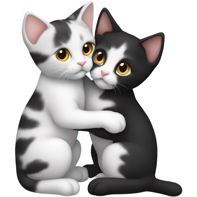 two kittens hug each other, they are different colors, one is black, the other is white, they look straight ahead emoji