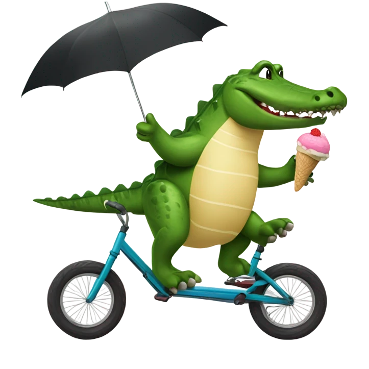 Crocodile eating an ice cream sandwich while riding a unicycle while holding an umbrella emoji