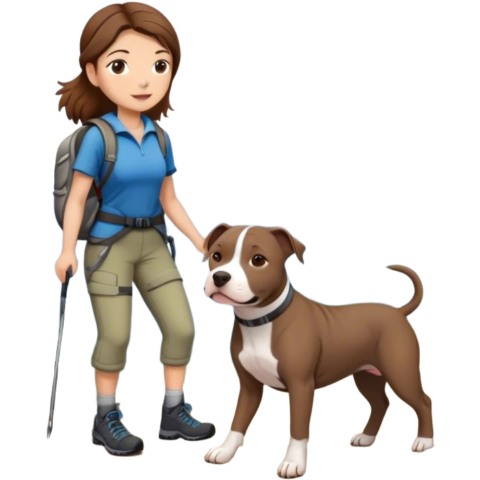 Girl with brown hair hiking with gray pit bull emoji