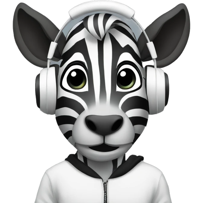 zebra wearing white headphones and black hoodie, looking to the side emoji