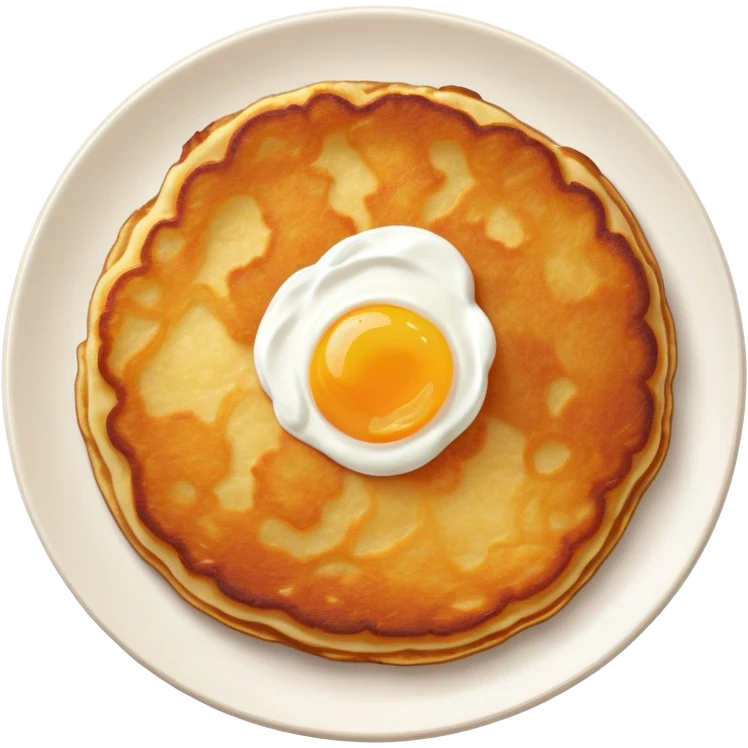 round, rustic potato pancake (draniki), golden-brown with crispy edges, soft center, visible potato texture, topped with a dollop of sour cream, clean and expressive emoji