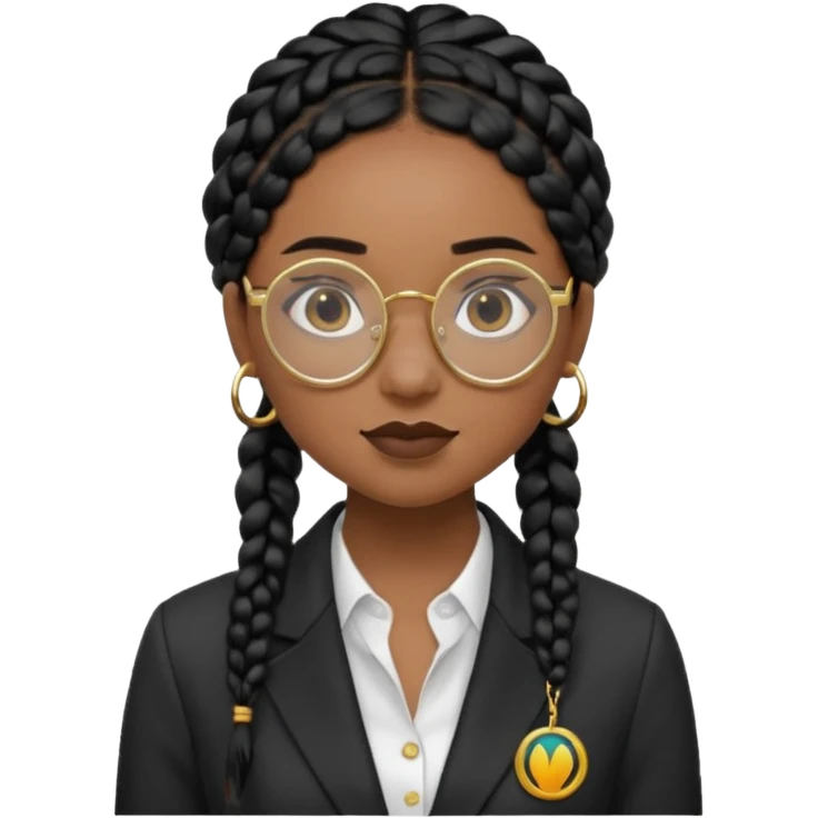a young woman wearing fine gold round glasses and black hair in braids, she has light black skin, she's wearing cool professional clothes emoji