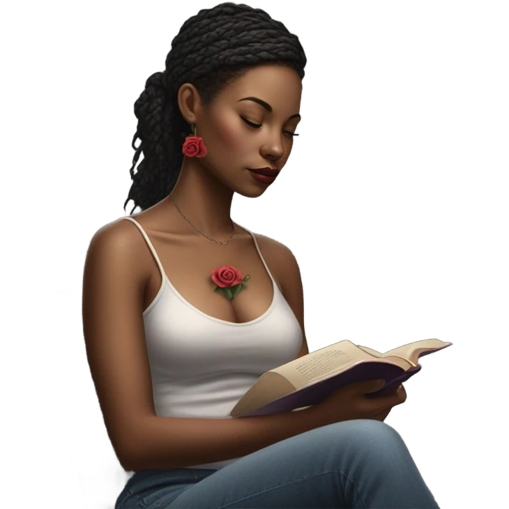 Hyper Realistic beautiful woman model with a small rose tattoo reading a book  emoji