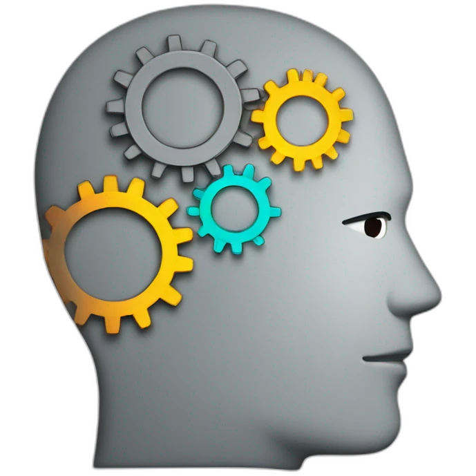 a grey outlined thinking serious man's head with 3 coloured gears in the head emoji