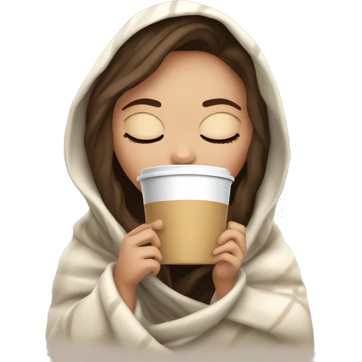 white girl inside a blanket sipping coffee eyes closed emoji