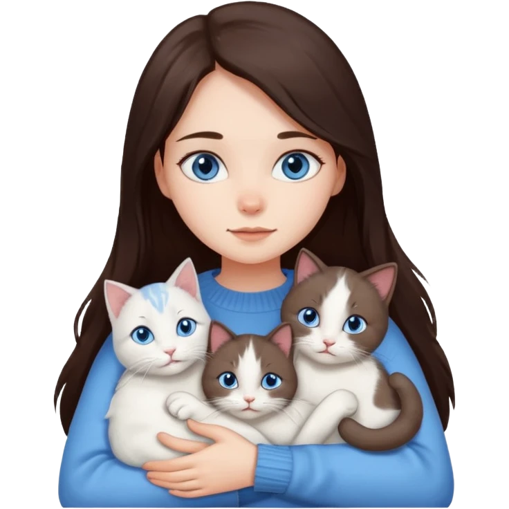 a girl with long dark 
brown hair, with blue eyes, in a
white sweater, hugs 3 different natural coloured cats emoji