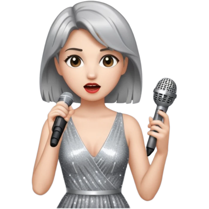 A female singer in sparkling dress holding a mic with emotional expression emoji