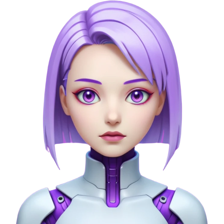 Cyberpunk female android, perfect porcelain skin, glowing artificial eyes, visible faint seams on neck, sleek metallic hair, expressionless, vibrant violet lighting emoji