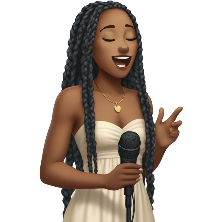 attractive young black woman with her eyes closed with long box braids, flowy dress singing with a mic emoji
