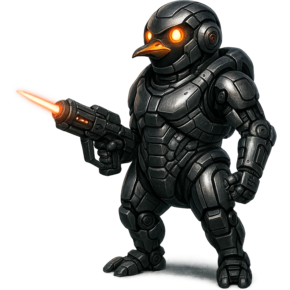 a penguin as a space soldier and cyborg, metallic body parts, glowing eyes, holding a laser weapon emoji