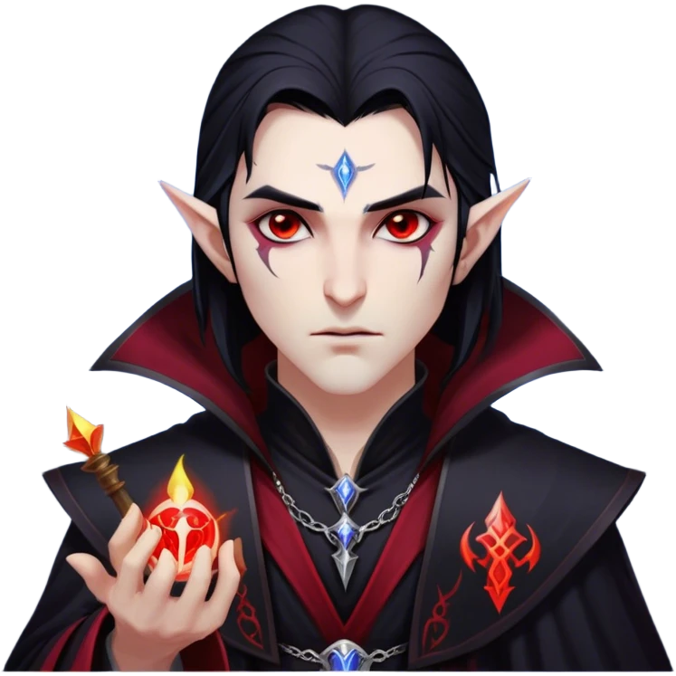 Cinematic Realistic WoW Vampire Mage Portrait, head tilted epicly and inquisitively, showcasing a commanding presence and ancient arcane mastery. His pallid skin and sleek dark hair are set against the intricately detailed black robe—with silver accents and mystical runes—that remains consistent in its shadowed elegance. His piercing crimson eyes blaze with forbidden power, rendered with dramatic, lifelike clarity and high shine, epic and awe-inspiring. emoji