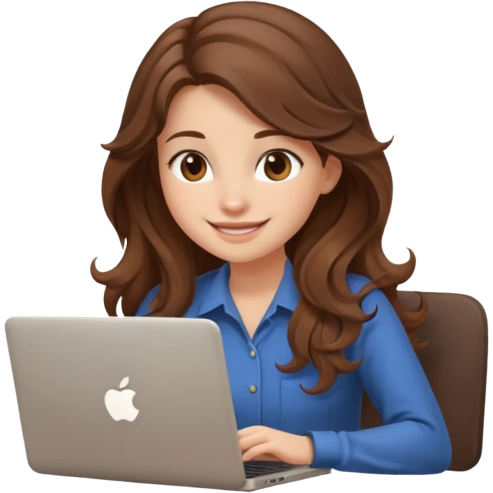 Sitting in front of a laptop in the style of a cute female developer. No glasses, long hair waves and smiling. emoji
