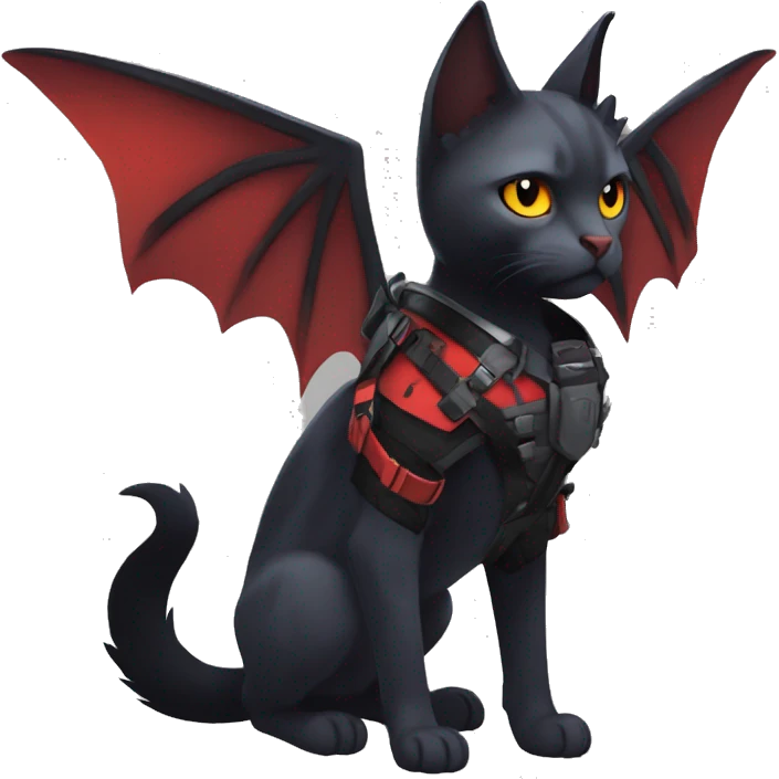 Cool Edgy Ethereal Litten-Nargacuga-Cat with black bat-wing-ears with a red harness full body emoji