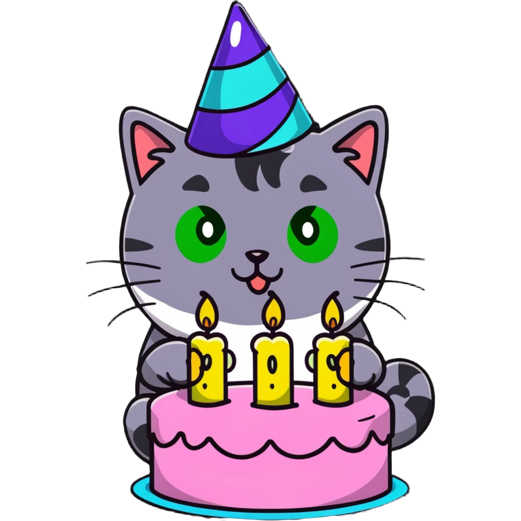tricolor fluffy cat with big green eyes celebrating her birthday with a cake and champagne emoji