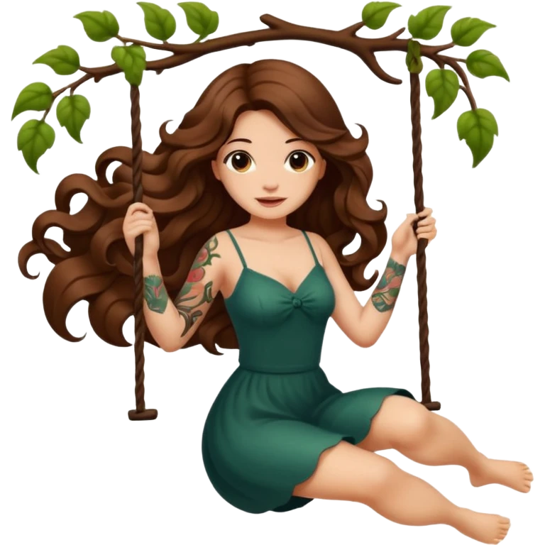 ccute woman long wavy brown hair tattoos swinging on vine emoji