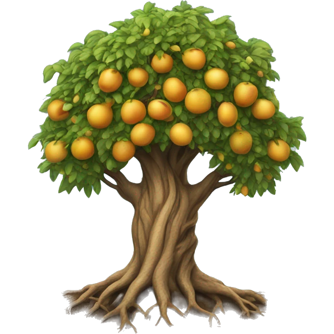 tree with deep roots and branches that rise towards the sky, with golden fruits emoji