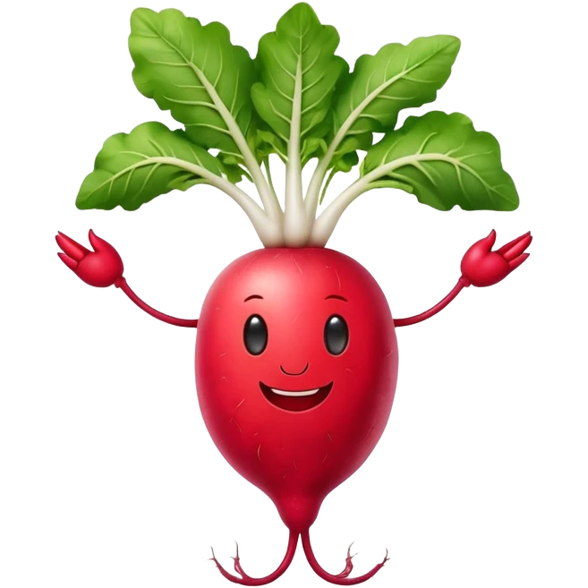 cool smiling radish with white rootlets shaped like walking legs emoji