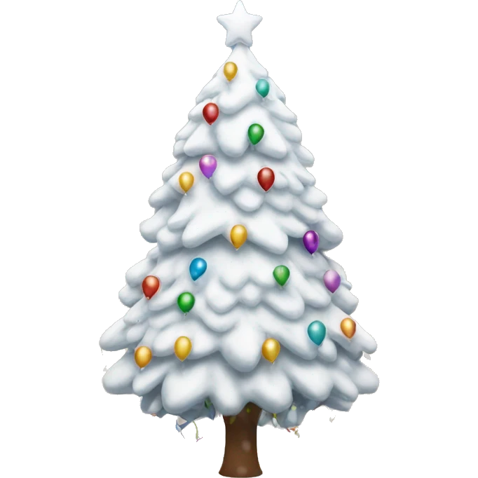 A white snow-covered Christmas tree beautifully decorated with balloons and a garland emoji