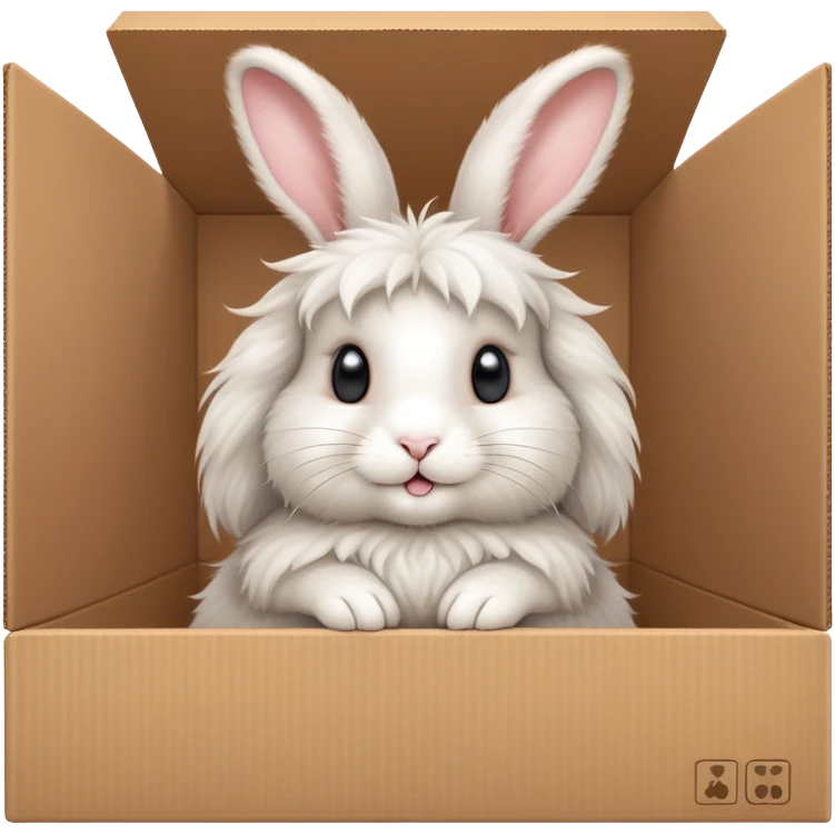  A very cute young Angora long rabbit  with one's head tilted to one side poked its paws out of the cardboard big box and placed them on top of it emoji
