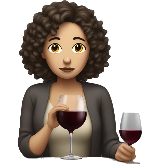Sad White Woman with curly dark brown hair drinking wine emoji