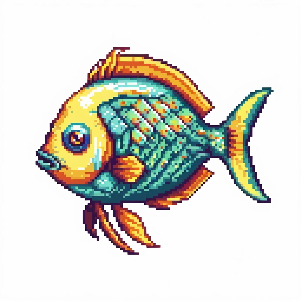 Tropical colorful fish for Minecraft inventory, eye pointing down-left at 45-degree angle, square texture, pixel art game asset emoji