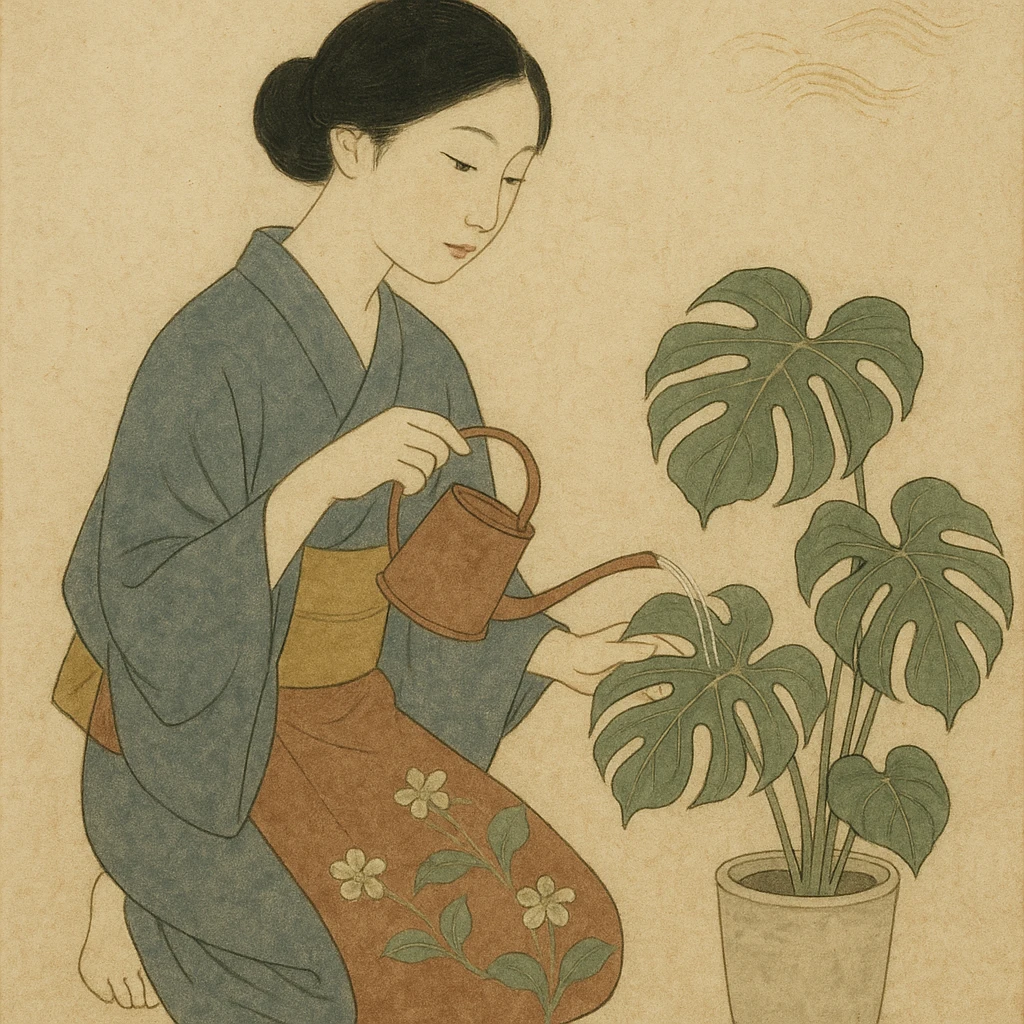 woman watering her monstera plant emoji