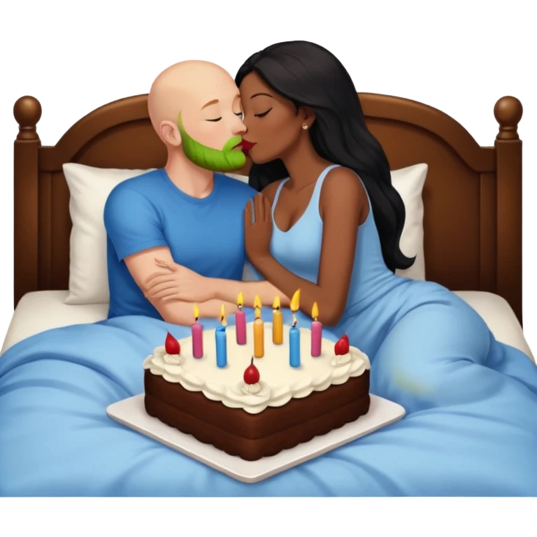 Bald white male with ginger beard and blue eyes kissing African American dark brown woman with long black hair

Laying in bed with birthday cake emoji