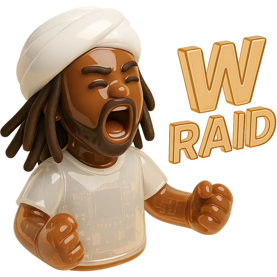 Brownskin man with long brown dreadlocks 
White  t-shirt 
WHITE turban 
expression is yelling 
Add the word W RAID emoji