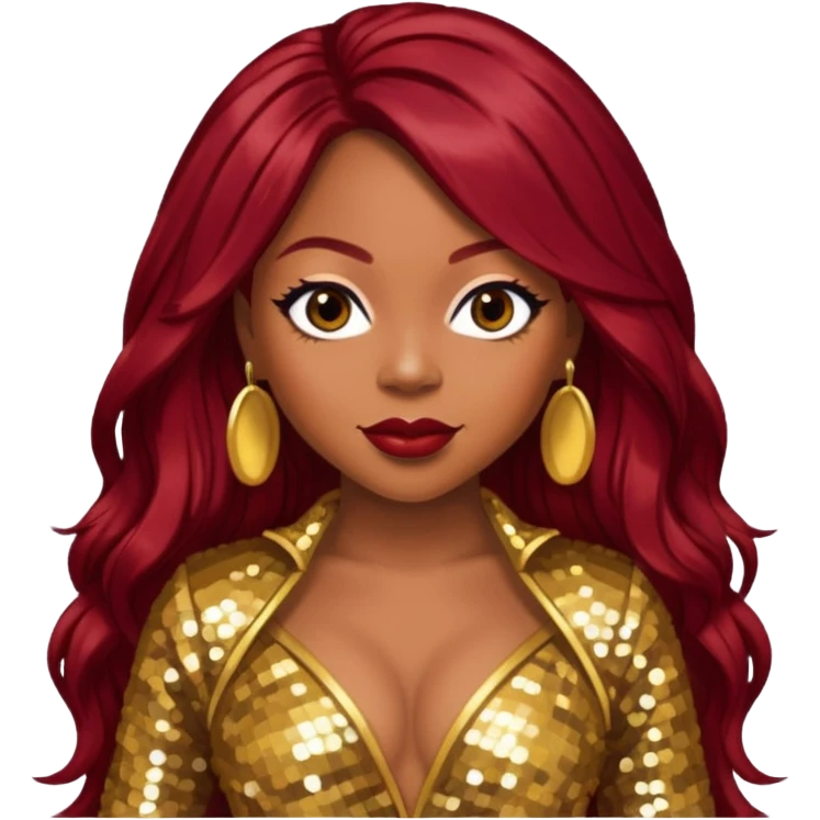 LaTavia Robeson with long dark red hair, gold sequin outfit emoji