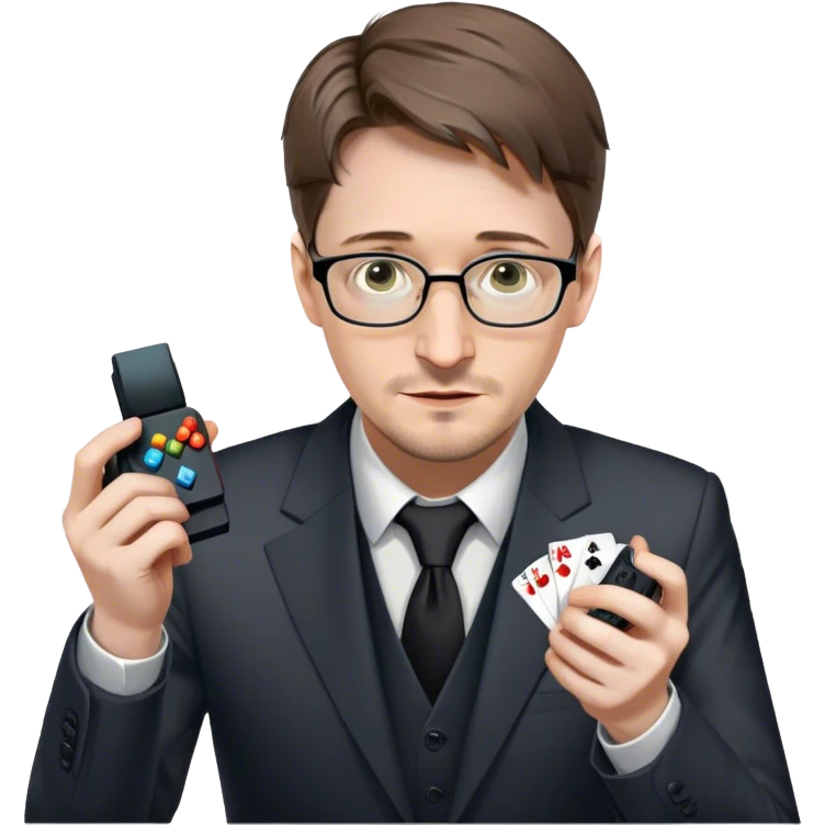 Edward Snowden ads magician revealing a deck of cards but instead of cards it’s a gaming controller  emoji