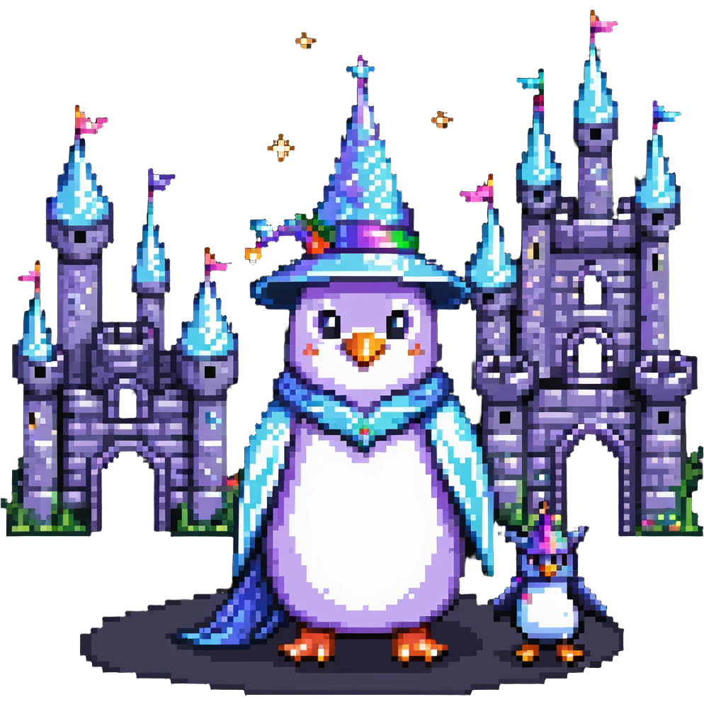 penguin wizard with magical sparkles, a unicorn, fairy, and tiny goblin companion in a pixelated fantasy world with a castle emoji