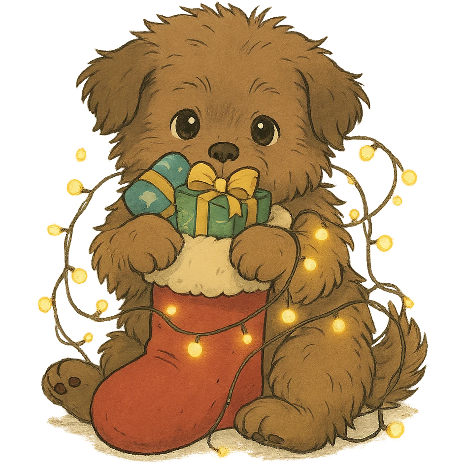 a fluffy brown puppy holding a Christmas stocking full of gifts and tangled in fairy lights, Ghibli style emoji