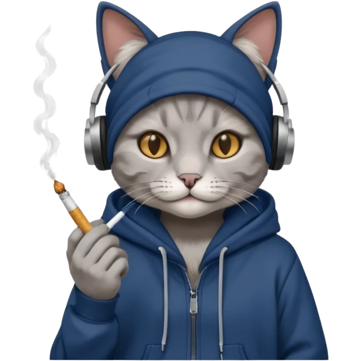 cat in headphones, in a dark-blue almost black oversized hoodie with a cigarette in his hand emoji