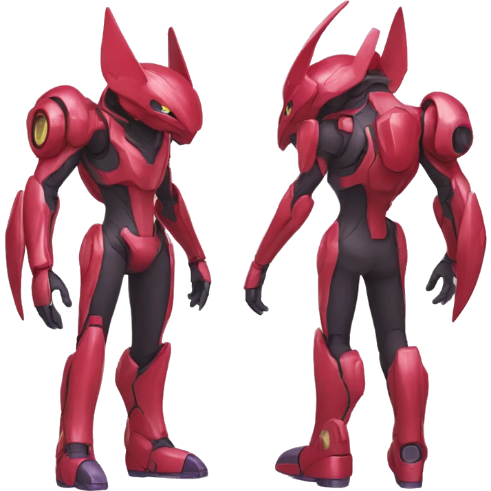 a shiny red Genesect-Raptor-Fakémon—hybrid with a futuristic visor-helmet full body emoji